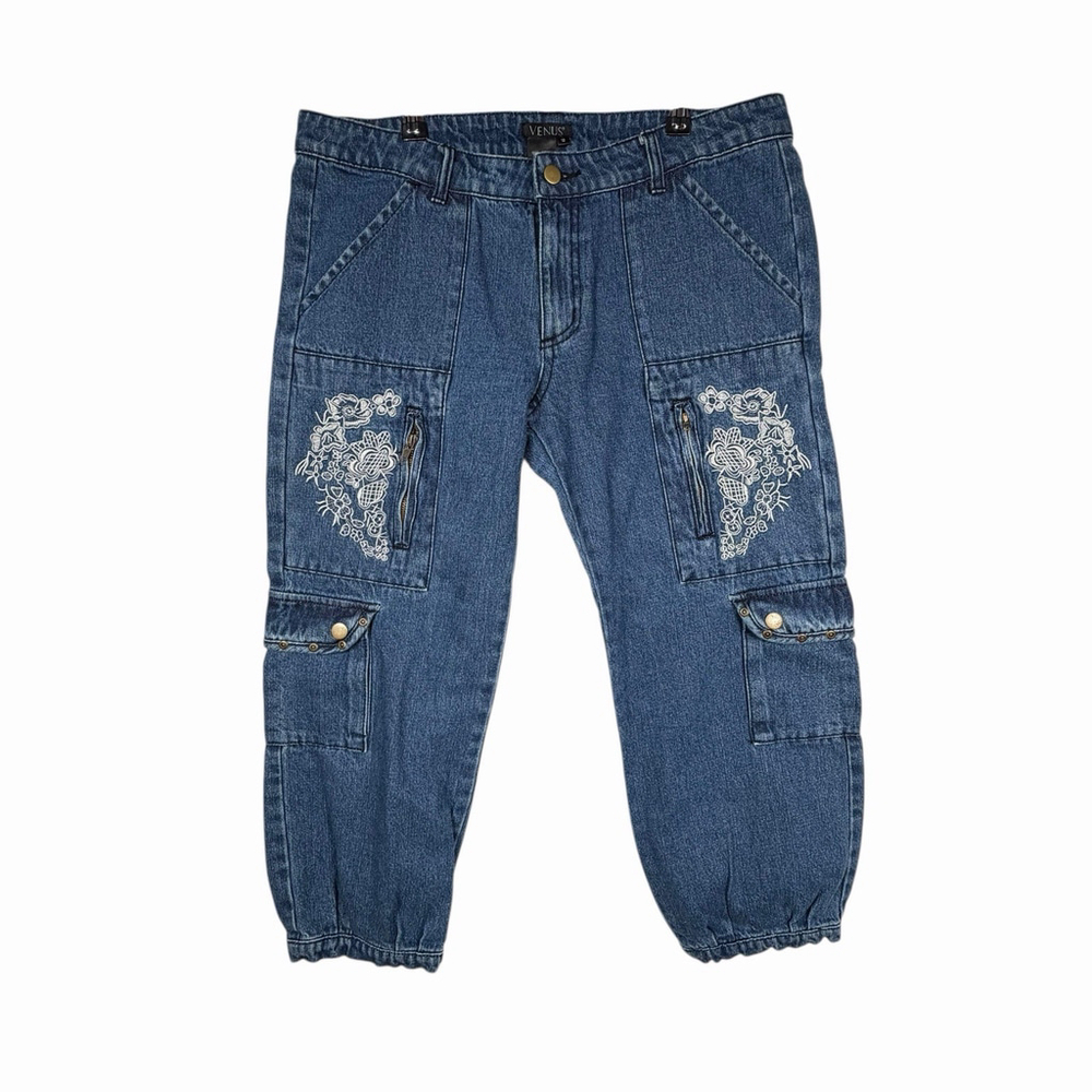 Venus Y2K Cargo Capri Size 12 Embroidered 100% Cotton Pockets Blue Jean
